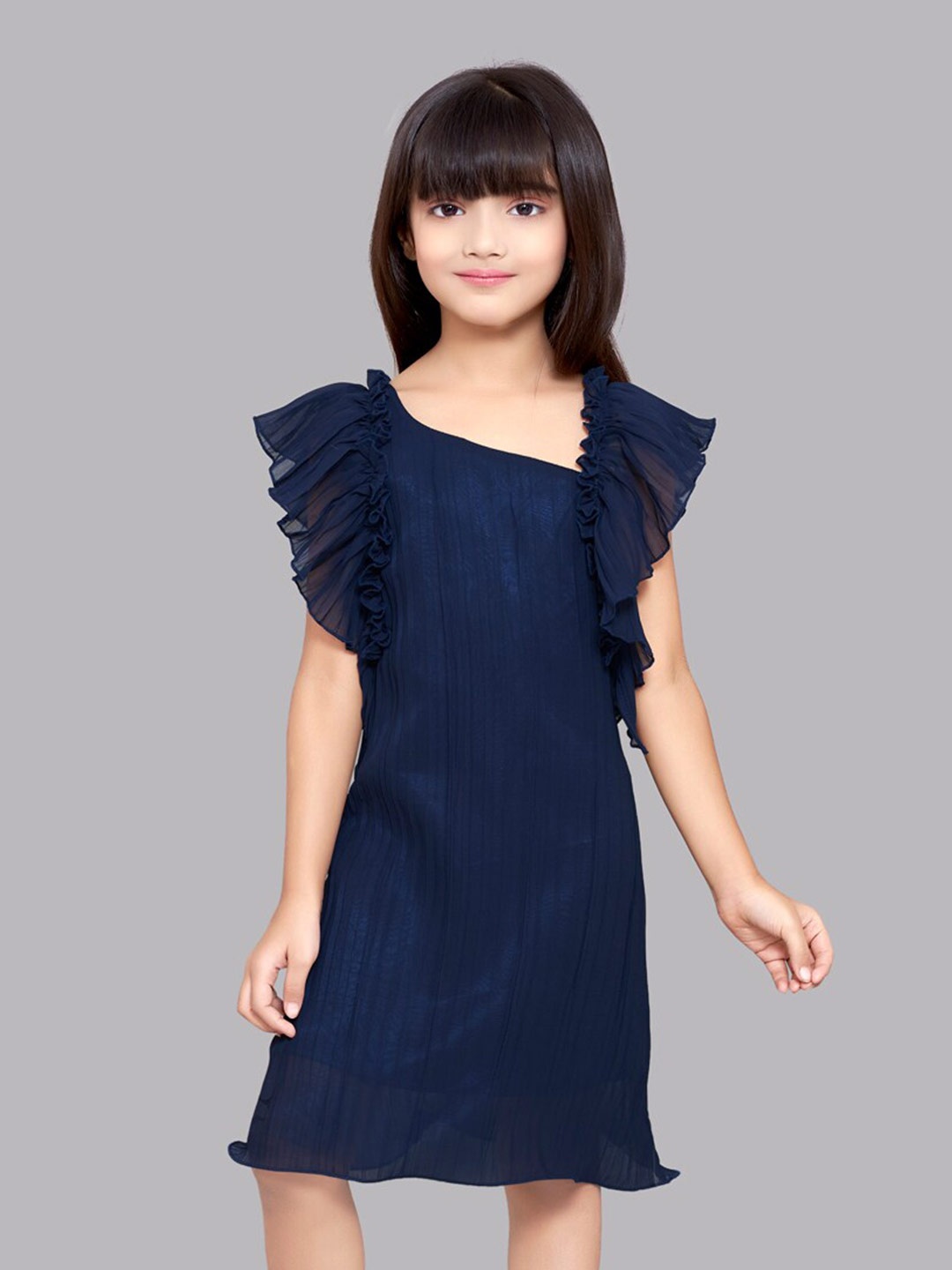 

Pink Chick Flutter Sleeve Georgette Asymmetric Neck A-Line Dress, Navy blue