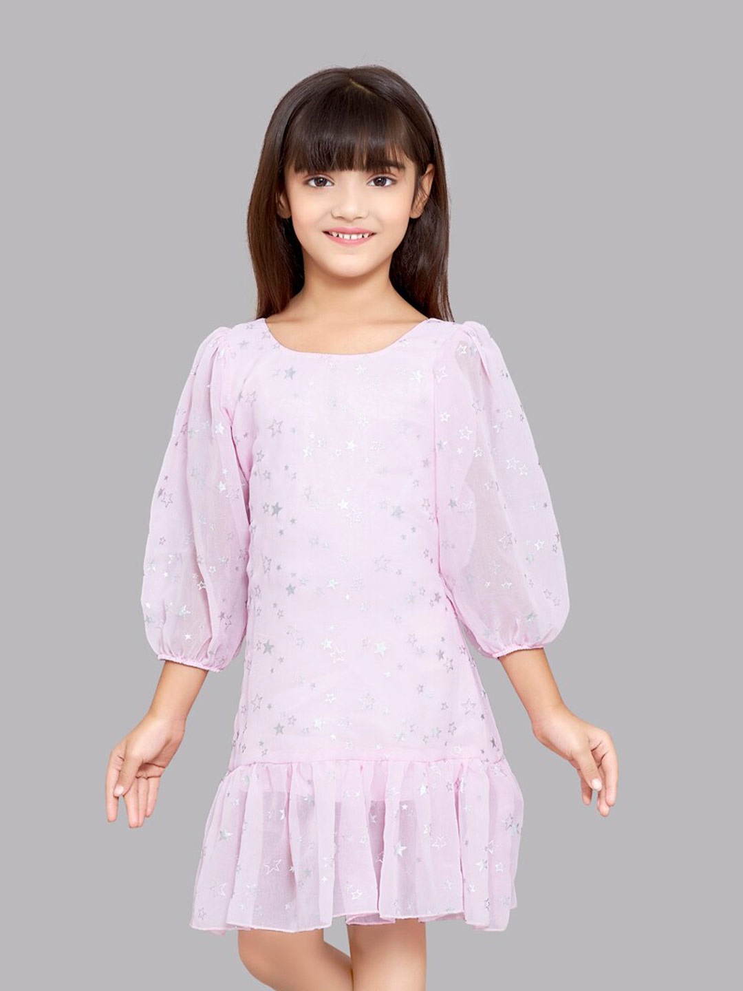 

Pink Chick Round Neck Puff Sleeve Georgette Drop Waist Dress