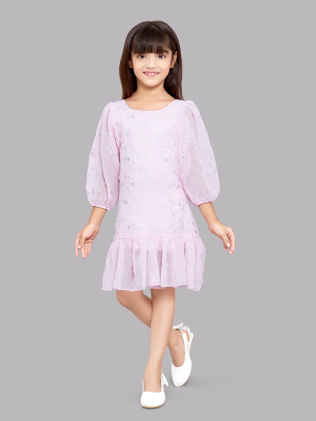 

Pink Chick Round Neck Puff Sleeve Georgette Drop Waist Dress