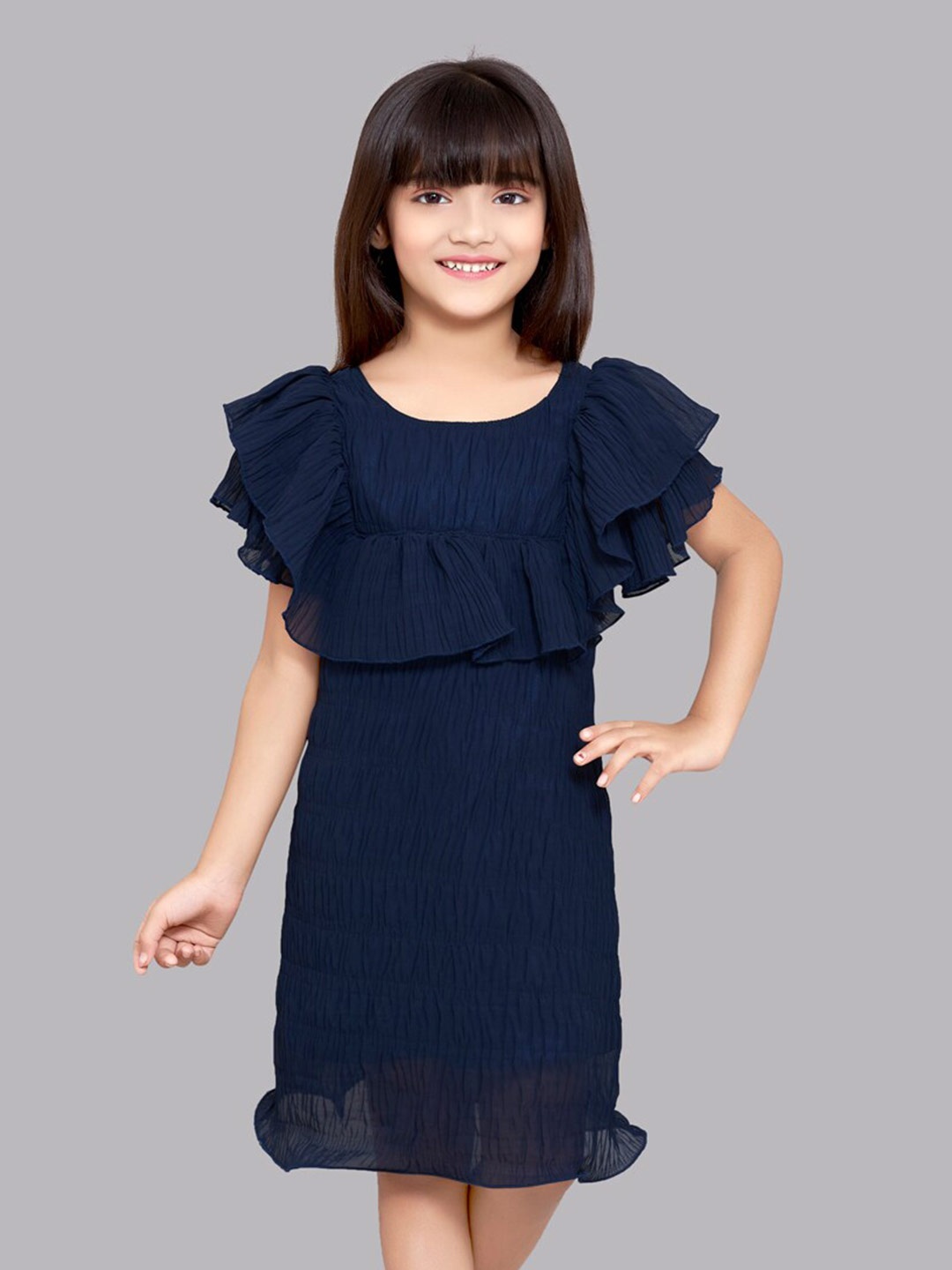 

Pink Chick Flutter Sleeves Georgette A-Line Dress, Navy blue