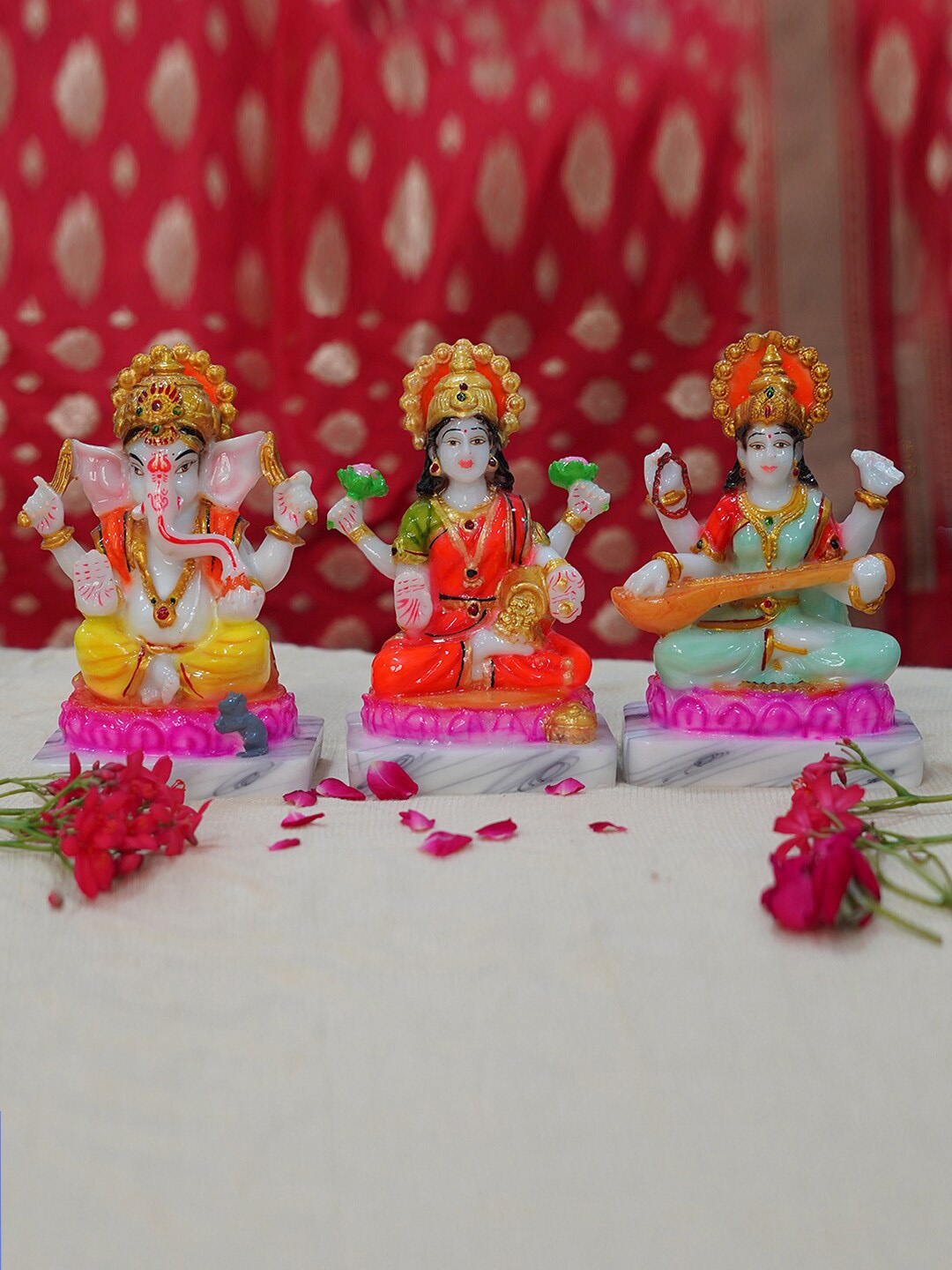 

Gallery99 White & Gold-Toned 3 Pieces Laxmi Ganesh & Saraswati Idol Marble Showpiece