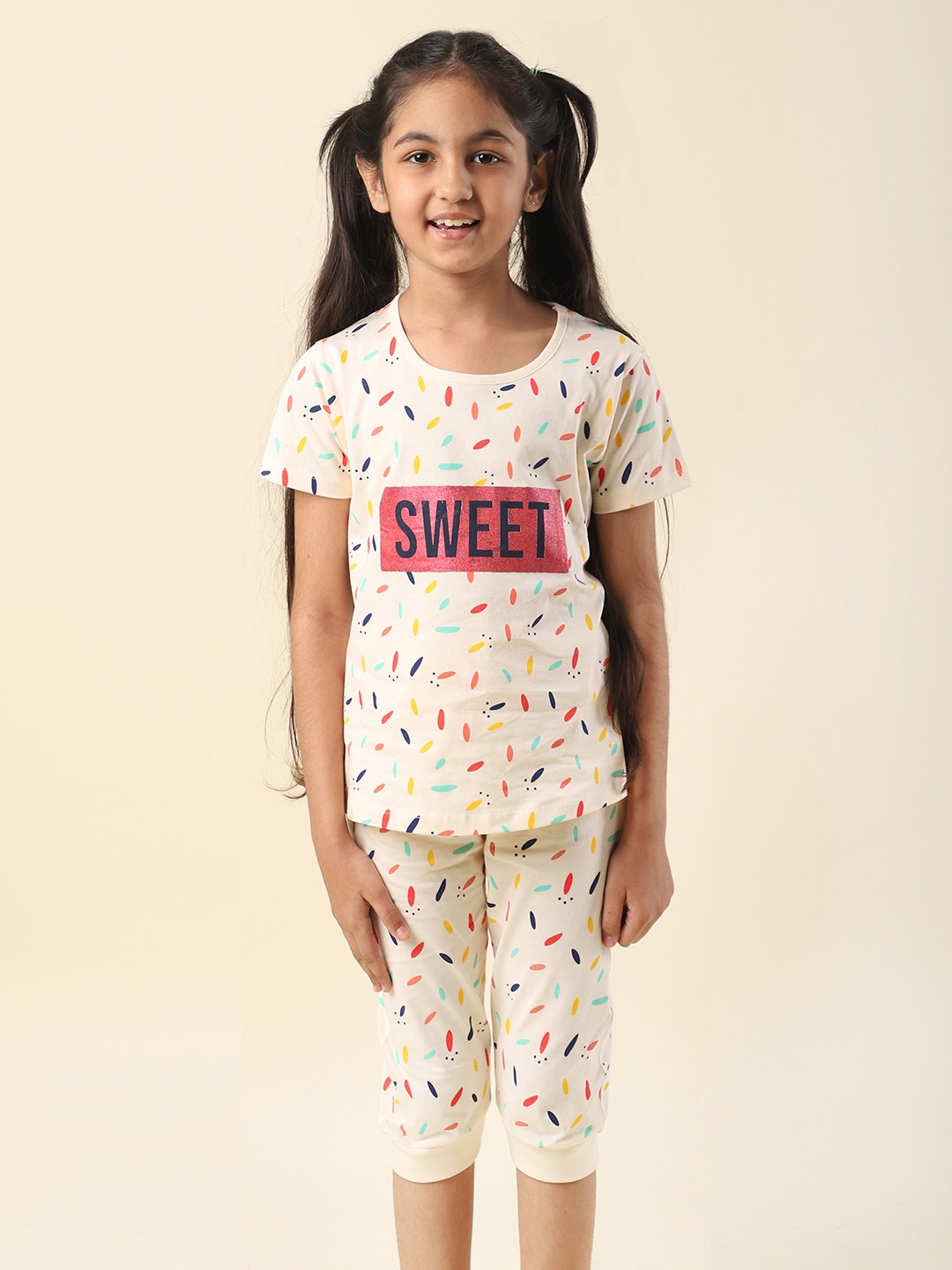 

Nottie Planet Girls Conversational Printed Pure Cotton Night Suit, Peach