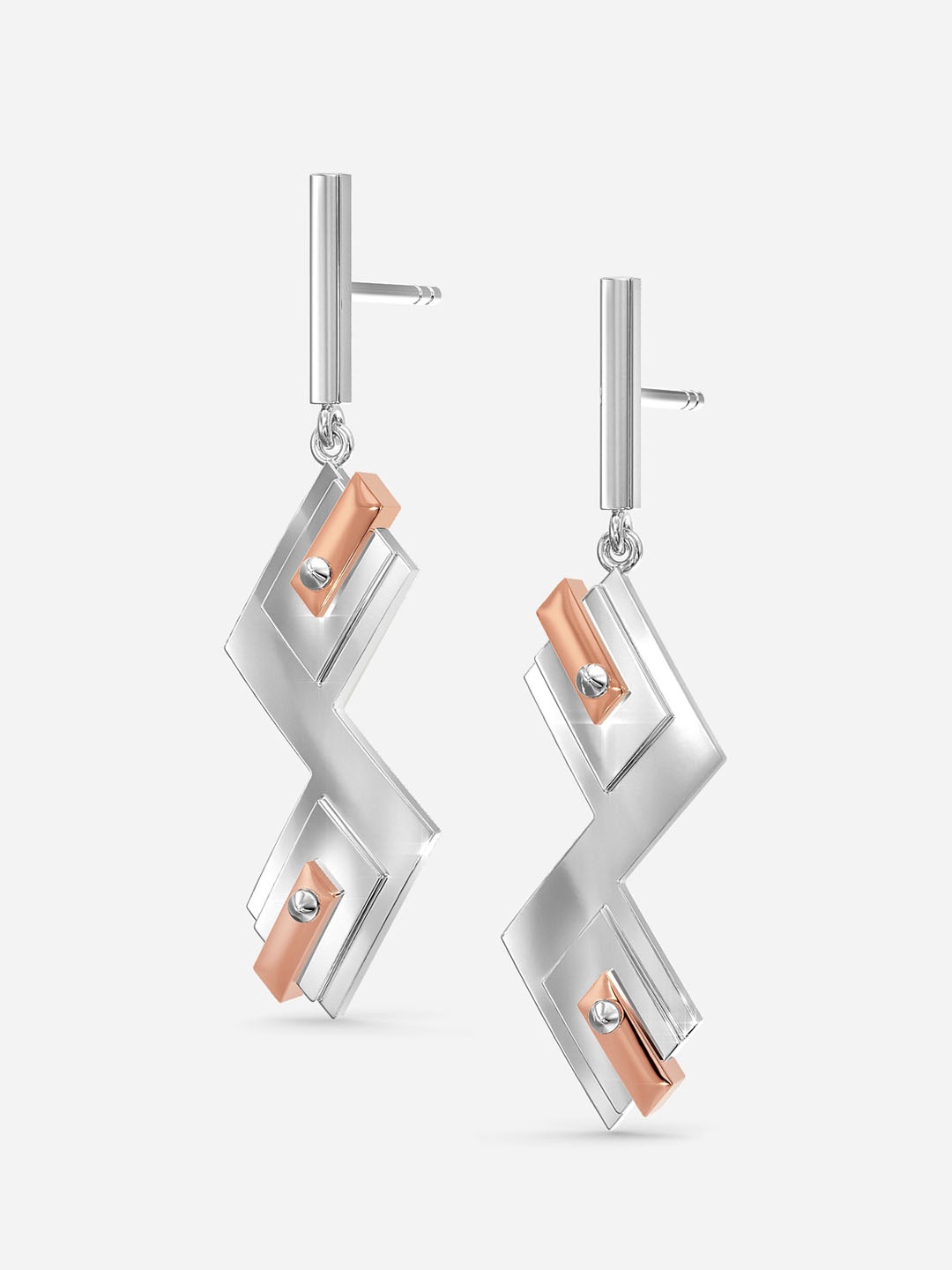 

MELORRA Rebel Spirit 18KT White Gold & Rose Gold Drop Earrings-4.83gm, Silver