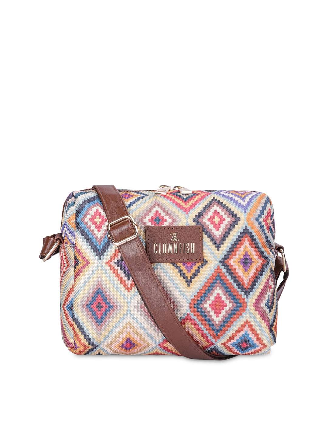 

THE CLOWNFISH Geometric Embellished Structured Sling Bag, Brown
