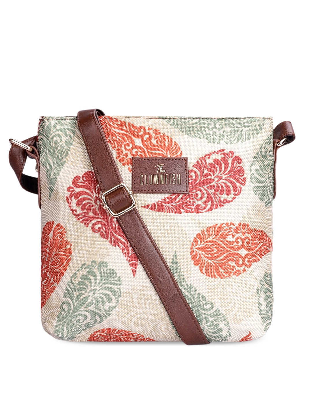 

THE CLOWNFISH Ethnic Motif Printed Structured Sling Bag, Cream