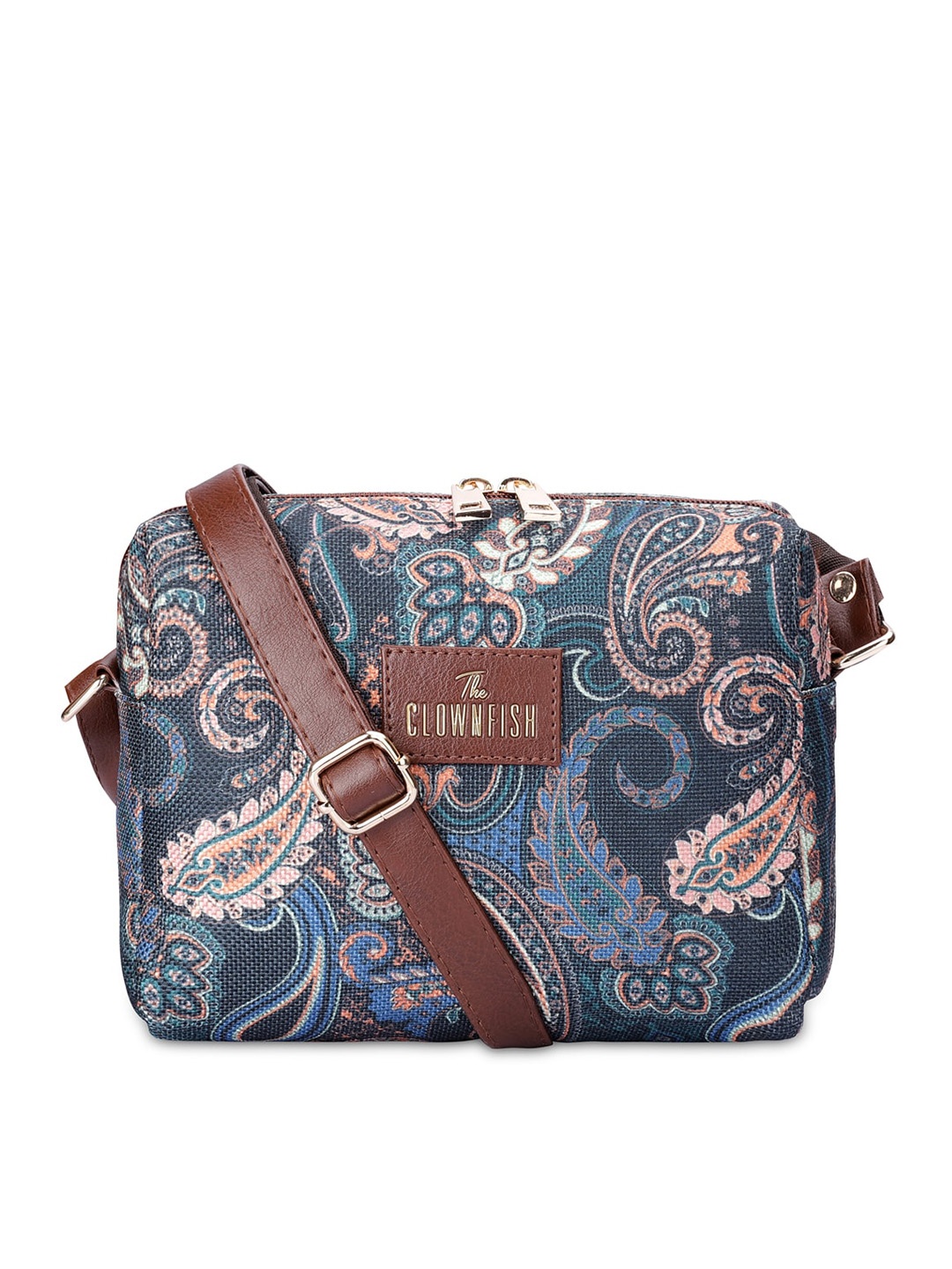 

THE CLOWNFISH Ethnic Motifs Printed Structured Sling Bag, Blue