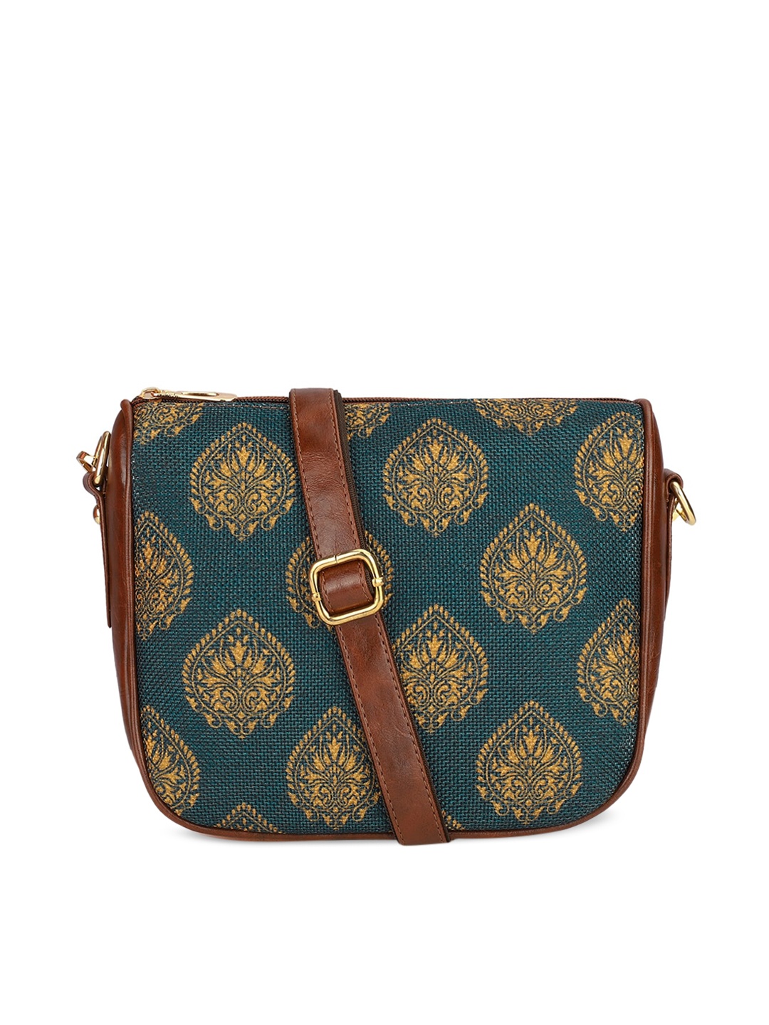 

THE CLOWNFISH Garnet Ethnic Motifs Printed Jute Structured Sling Bag, Teal