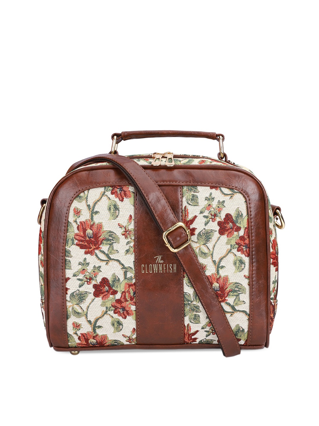 

THE CLOWNFISH Floral Printed Structured Sling Bag, Off white