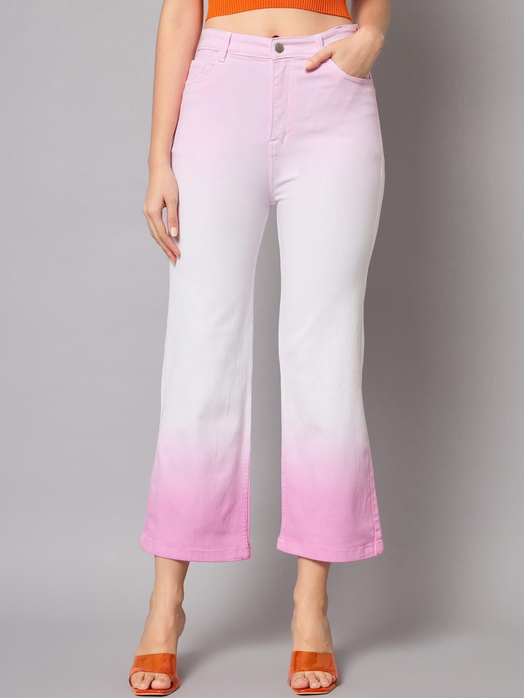 

GUTI Women Flared High-Rise Stretchable Cotton Ombre Jeans, Pink