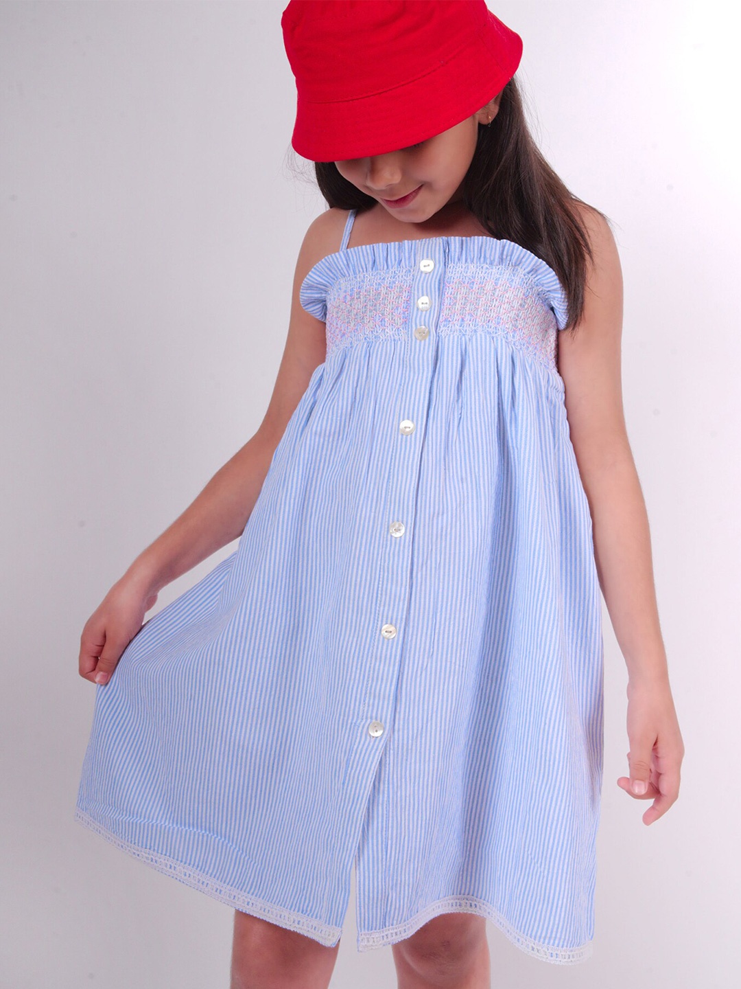 

Little Carrot Girls Shoulder Straps Embordered Striped Printed Cotton Empire Dress, Blue