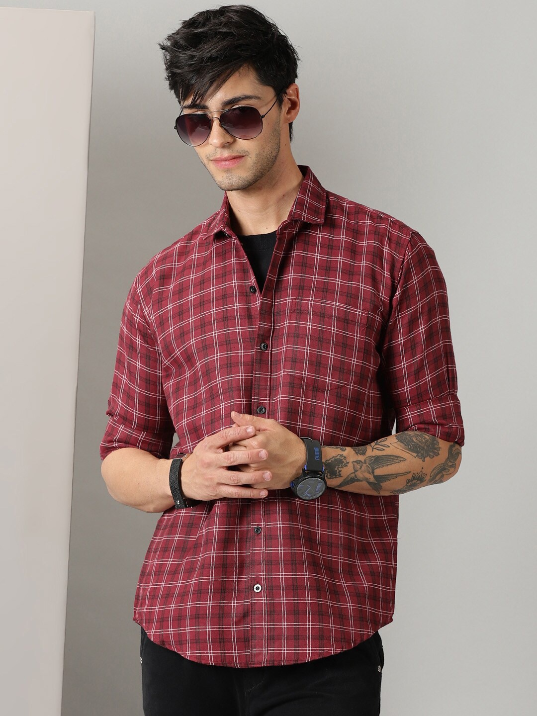 

Rodzen Standard Tartan Checked Cotton Casual Shirt, Maroon
