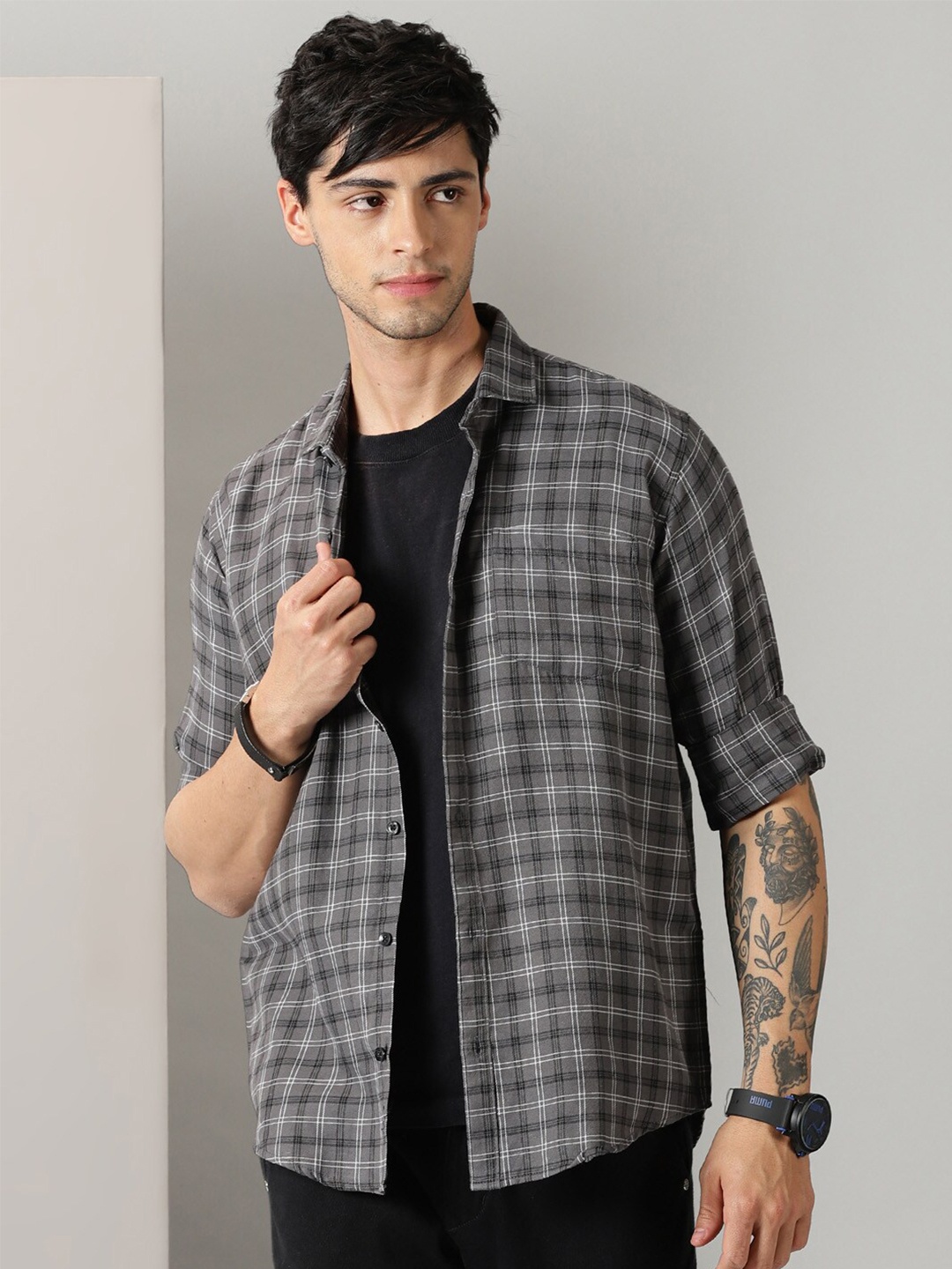 

Rodzen Checked Cotton Regular Fit Long Sleeves Casual Shirt, Charcoal