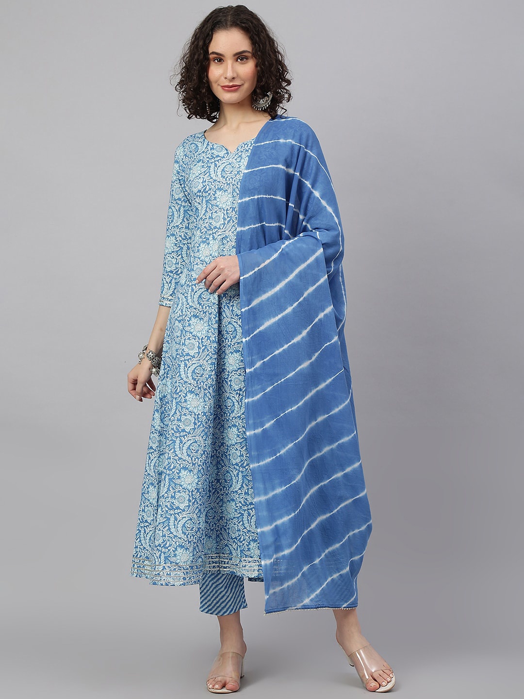 

KALINI Floral Printed Anarkali Pure Cotton Kurta with Trousers & Dupatta, Blue