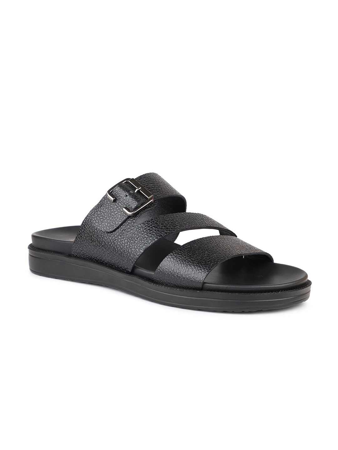

ATESBER by Inc.5 Men Open Toe Leather Comfort Sandals With Buckle Detail, Black