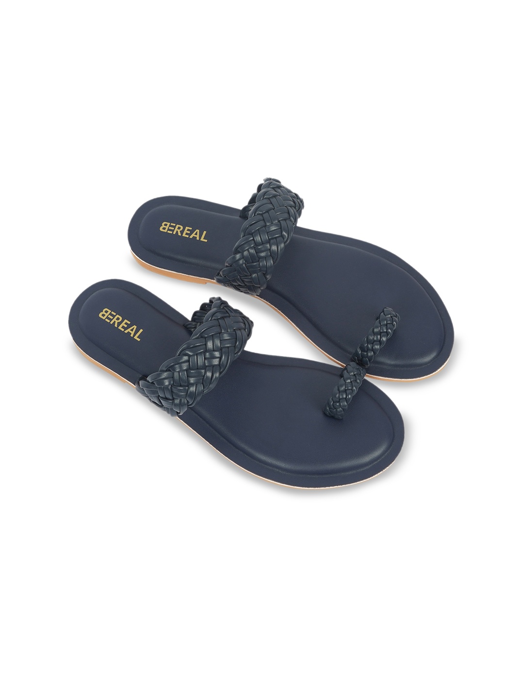 

BEREAL Women Woven Design Open One Toe Flats, Navy blue