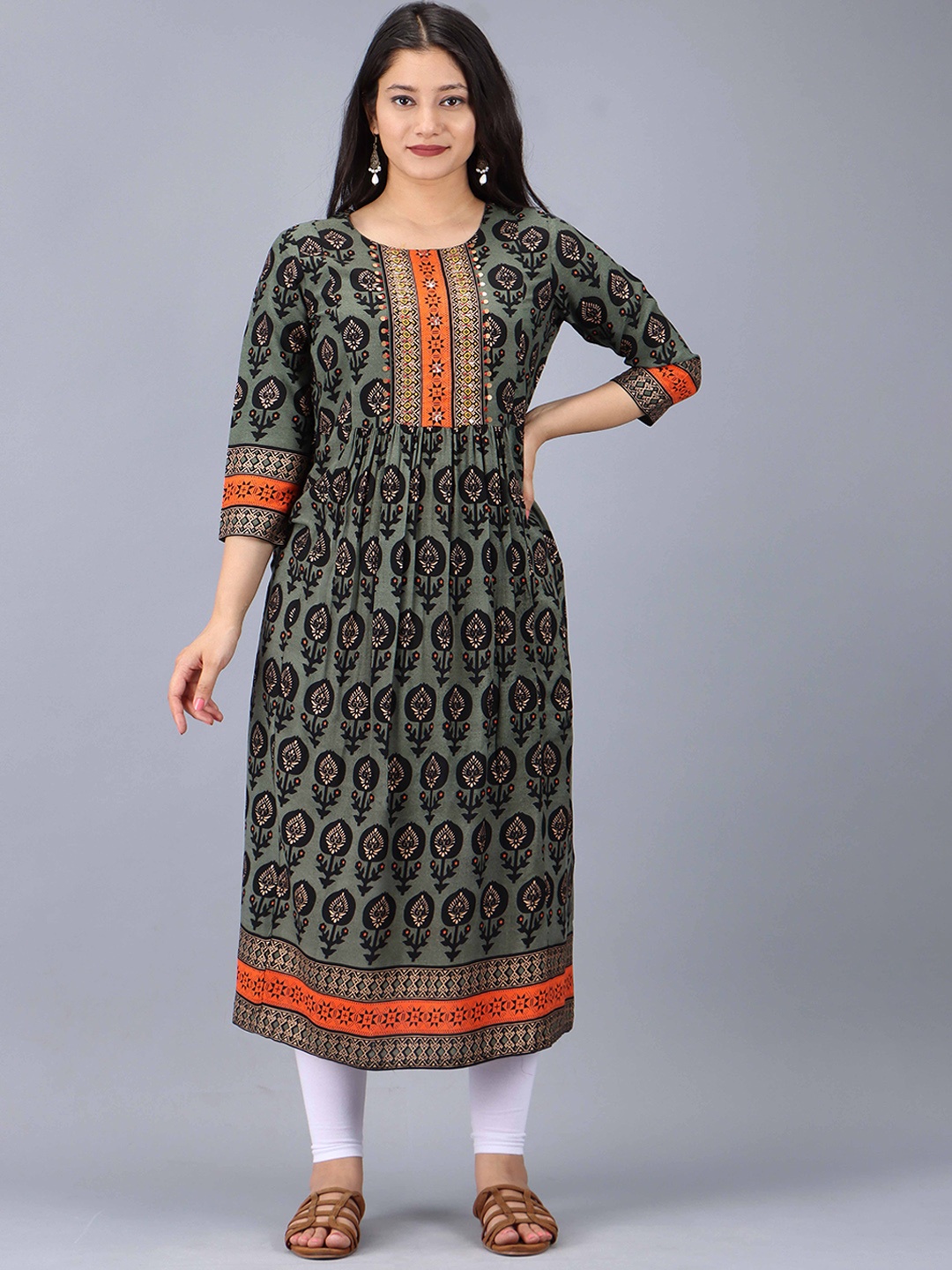 

Pankvi Ethnic Motifs Printed Sequinned A-Line Kurta, Olive