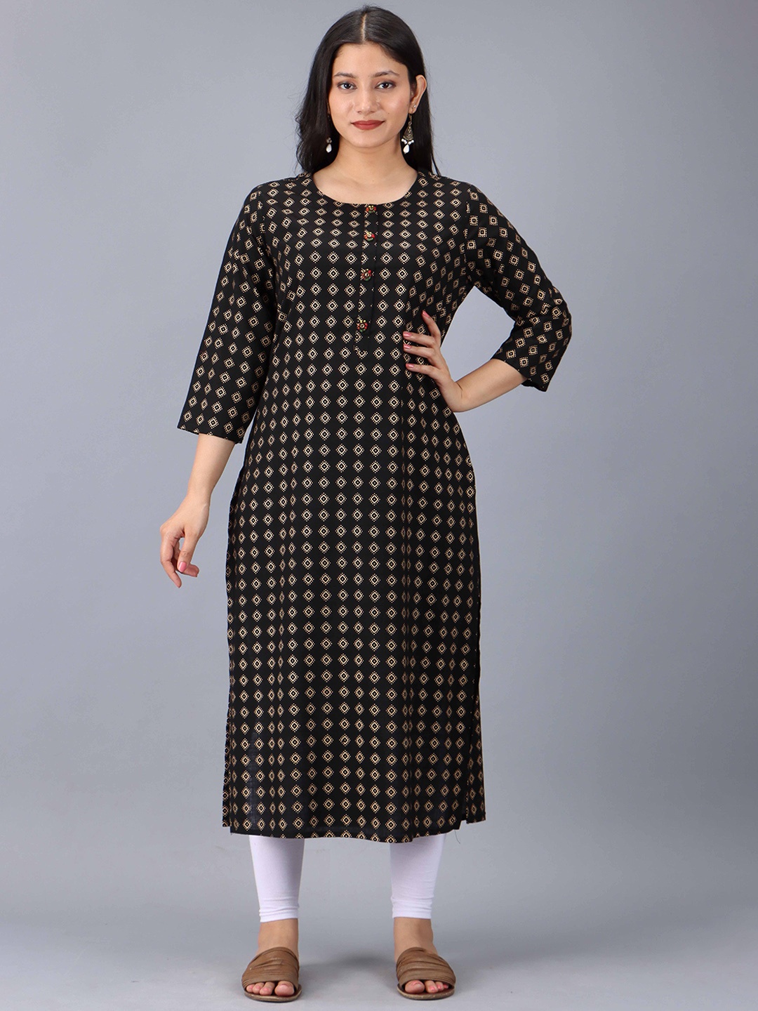 

Pankvi Geometric Printed Straight Regular Kurta, Black
