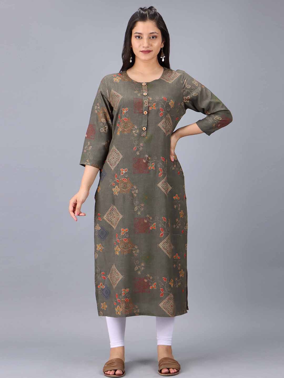 

Pankvi Floral Printed Thread Work Kurta, Grey