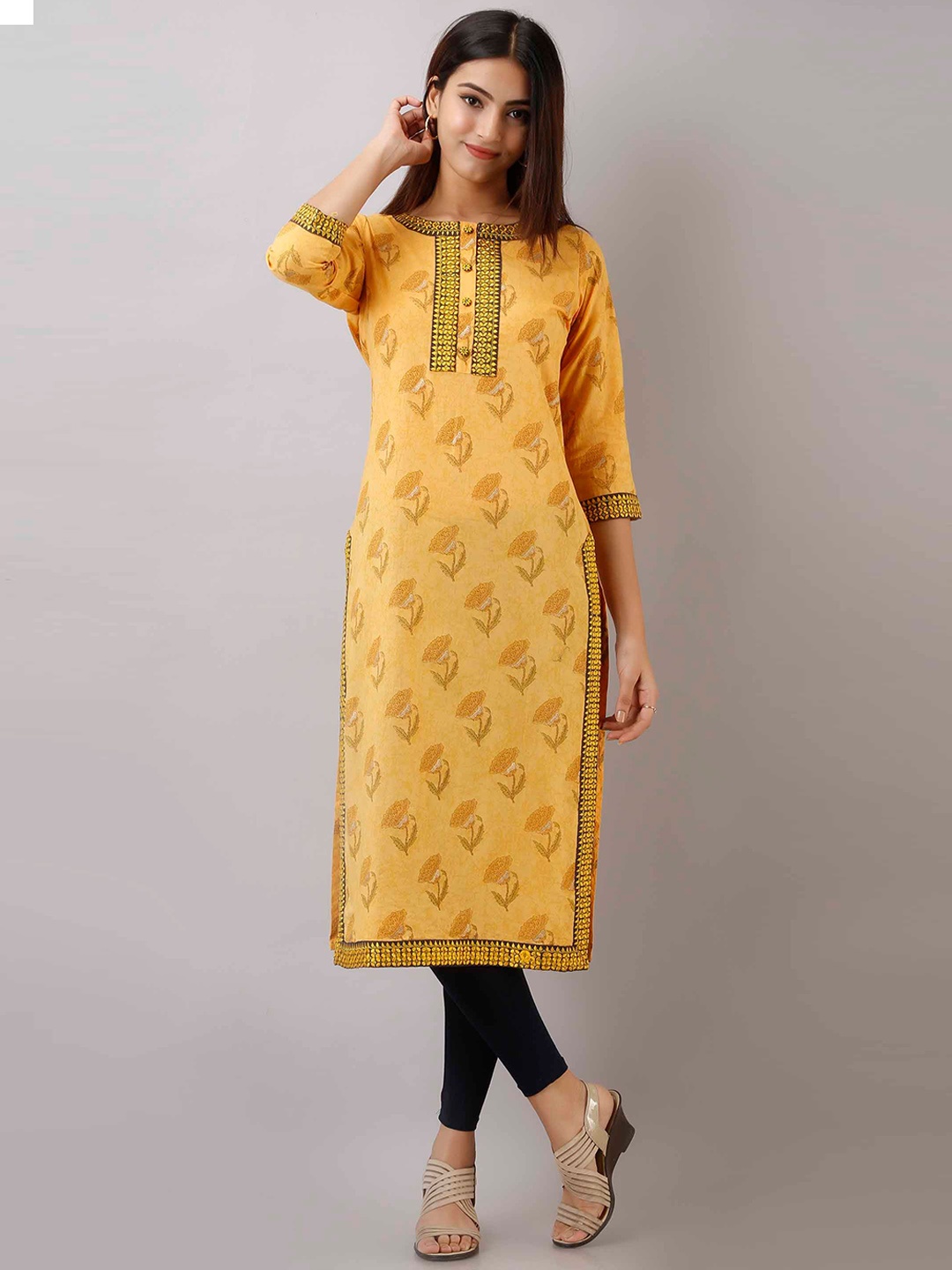 

Pankvi Floral Printed Thred Work Cotton Kurta, Yellow