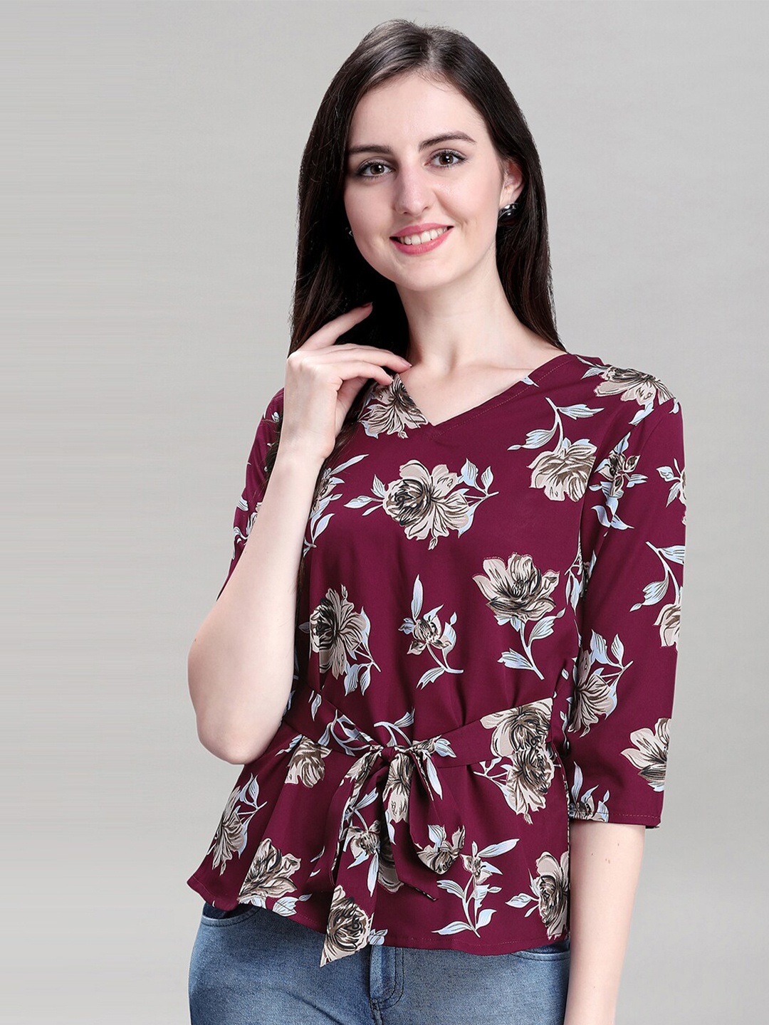 

Selvia Floral Printed Waist Tie-Ups Crepe Top, Maroon