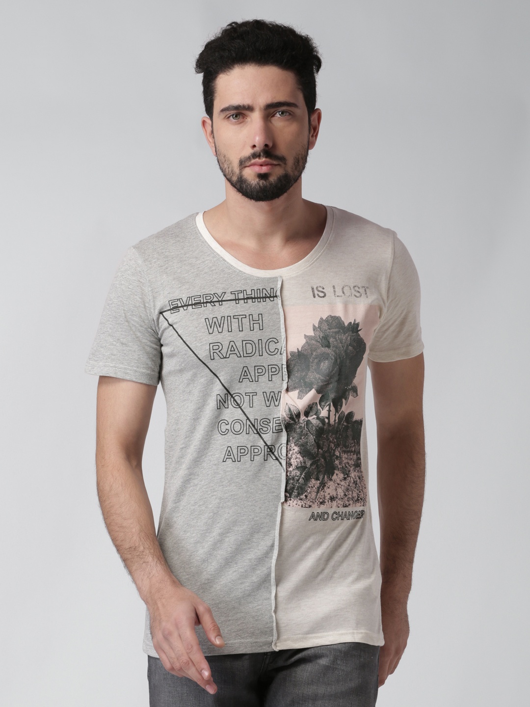 

Blue Saint Men Grey Printed Round Neck Slim Fit T-shirt