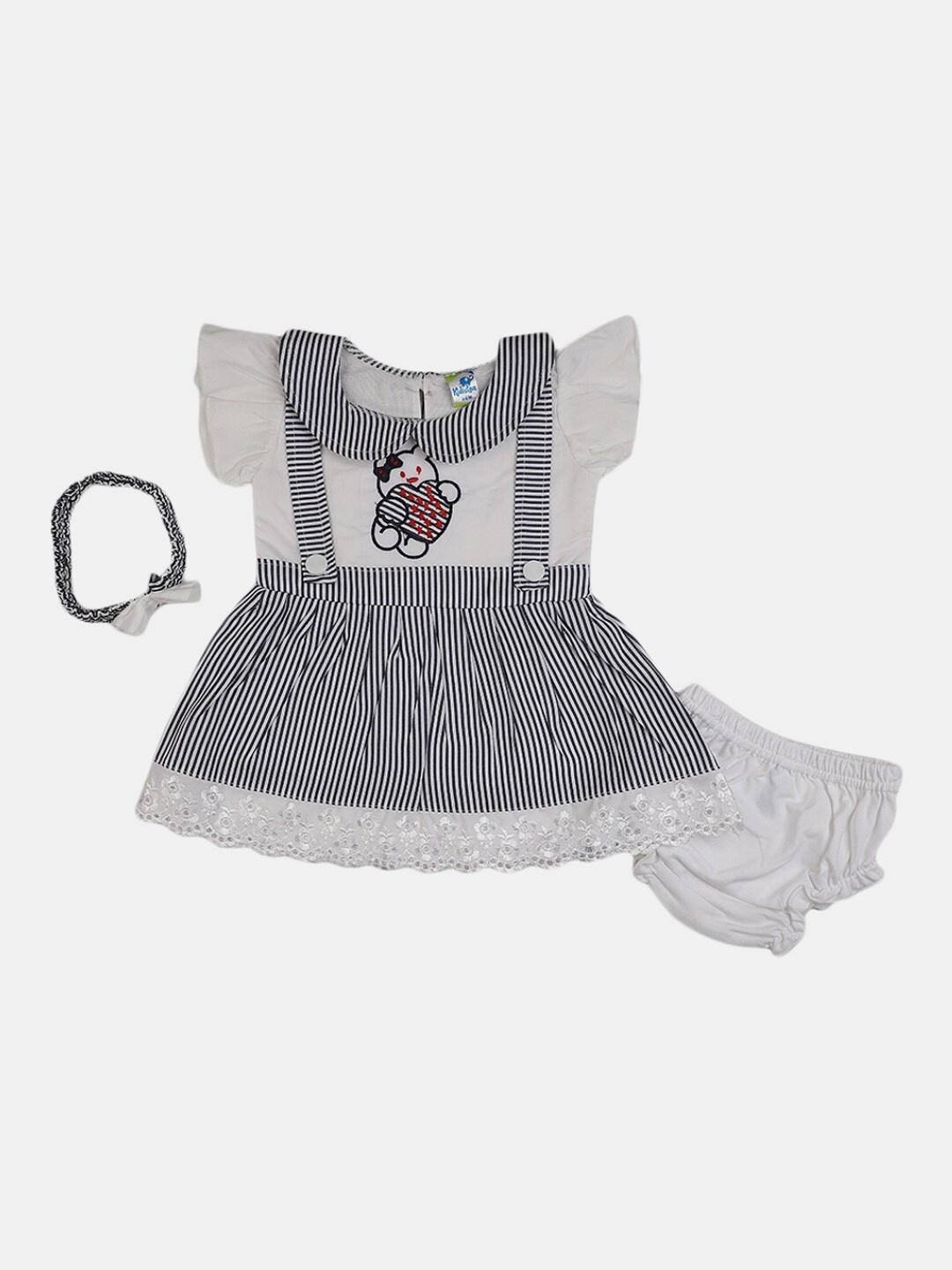 

V-Mart Infant Girls Striped Cotton Flutter Sleeve Fit & Flare Dress With Headband & Briefs, Grey