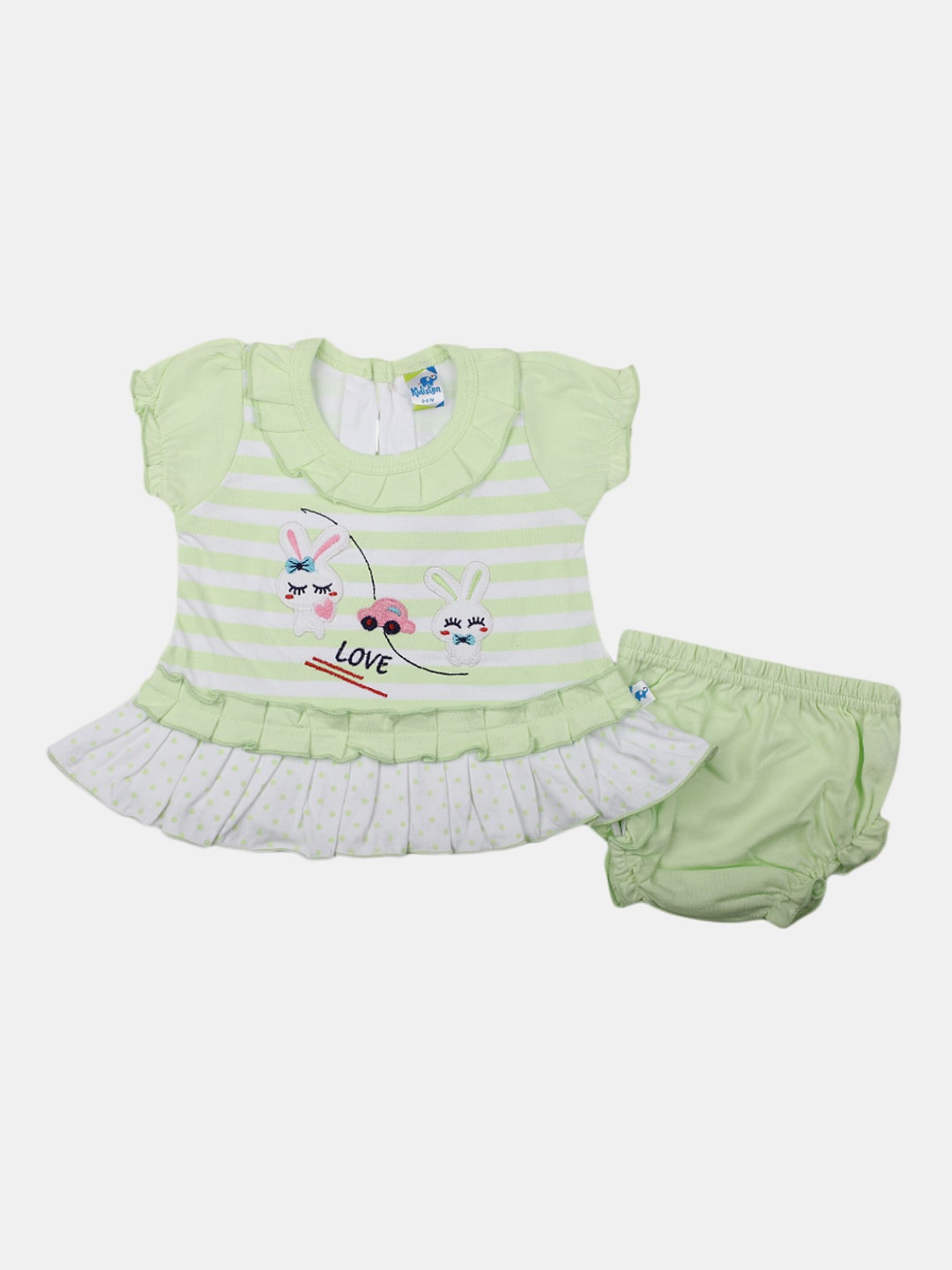 

V-Mart Infant Girls Striped Cotton Puff Sleeve A-Line Dress With Brief, Green