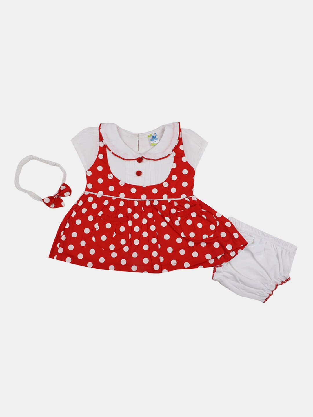 

V-Mart Infant Girls Printed Cotton Peter Pan Collar A-Line Dress With Headband & Briefs, Red