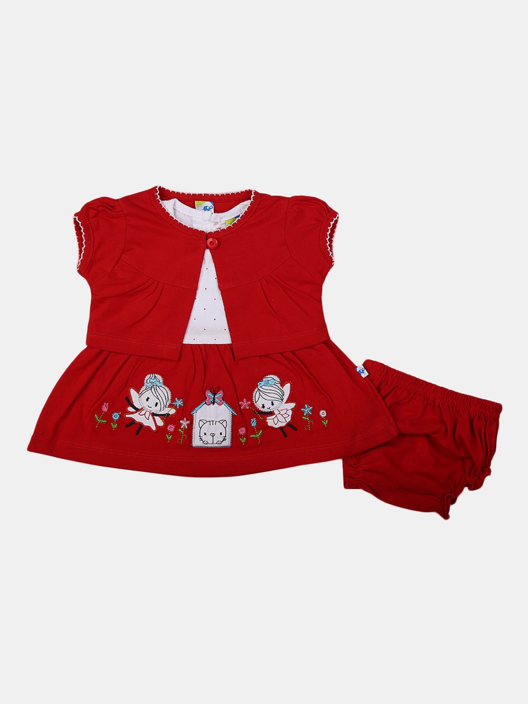 

V-Mart Infant Girls Floral Embroidered Fit & Flare Dress with Shorts & Shrug, Red