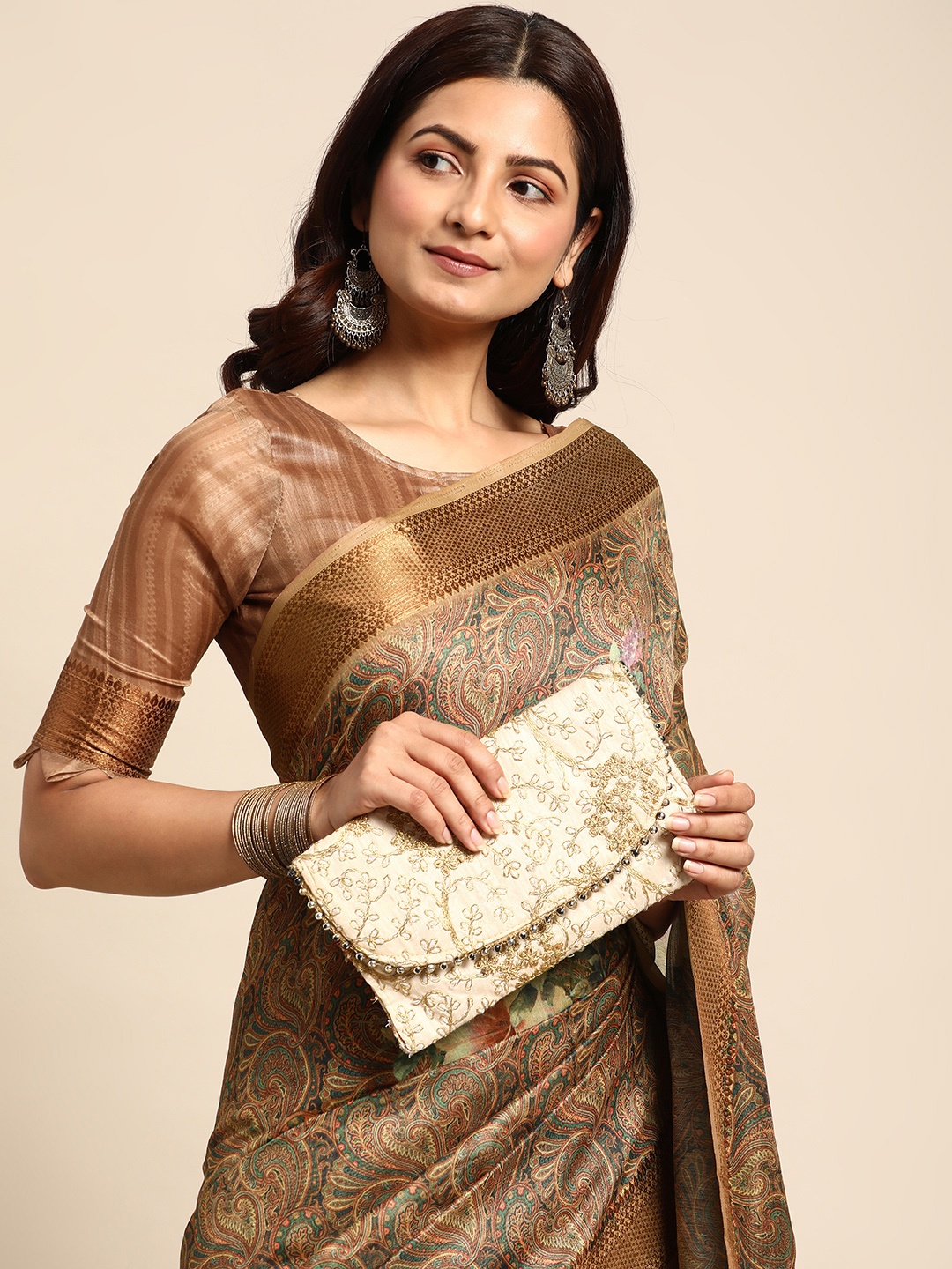 

Mitera Floral Linen Blend Saree, Brown