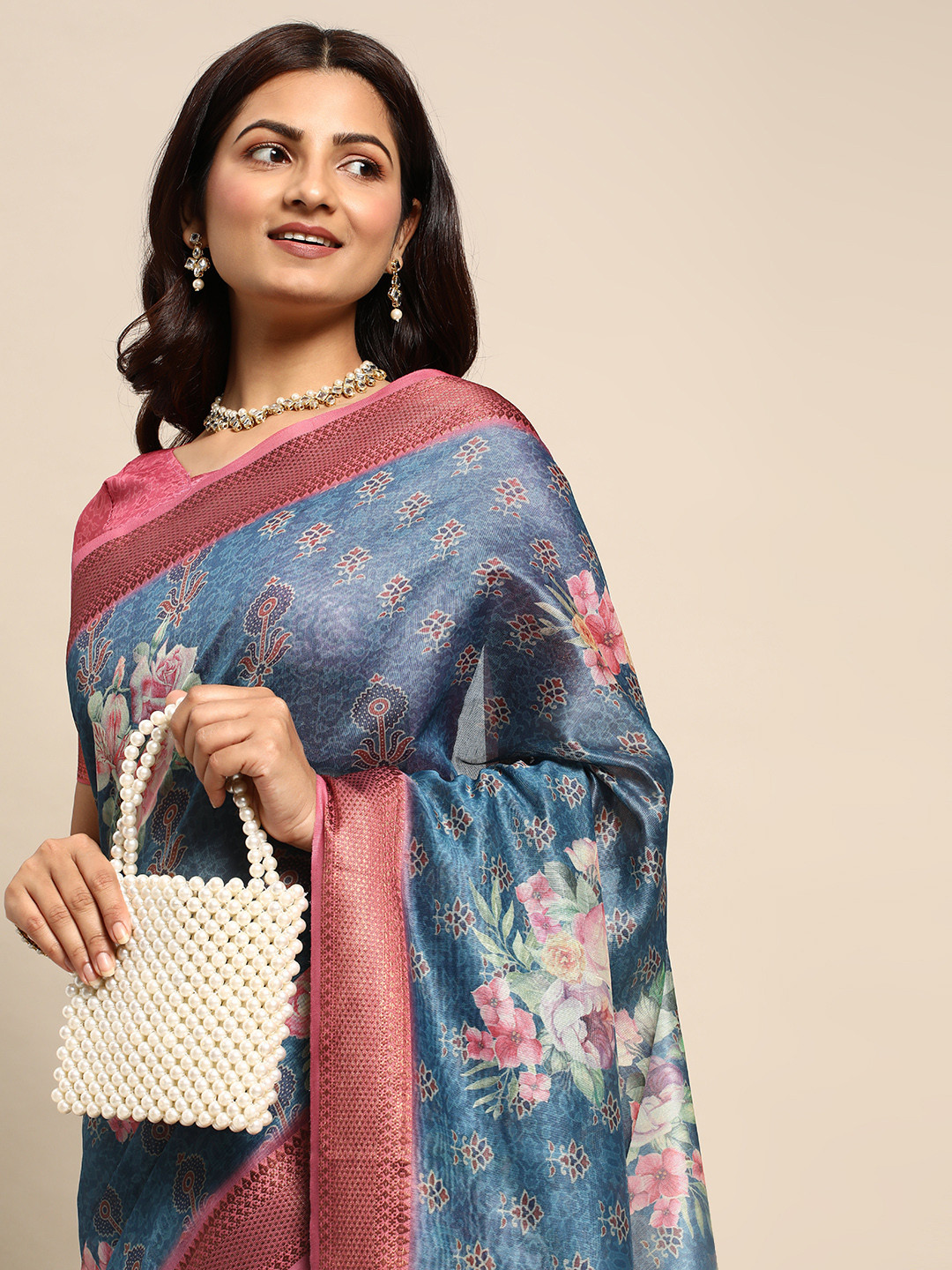 

Mitera Floral Linen Blend Saree, Blue