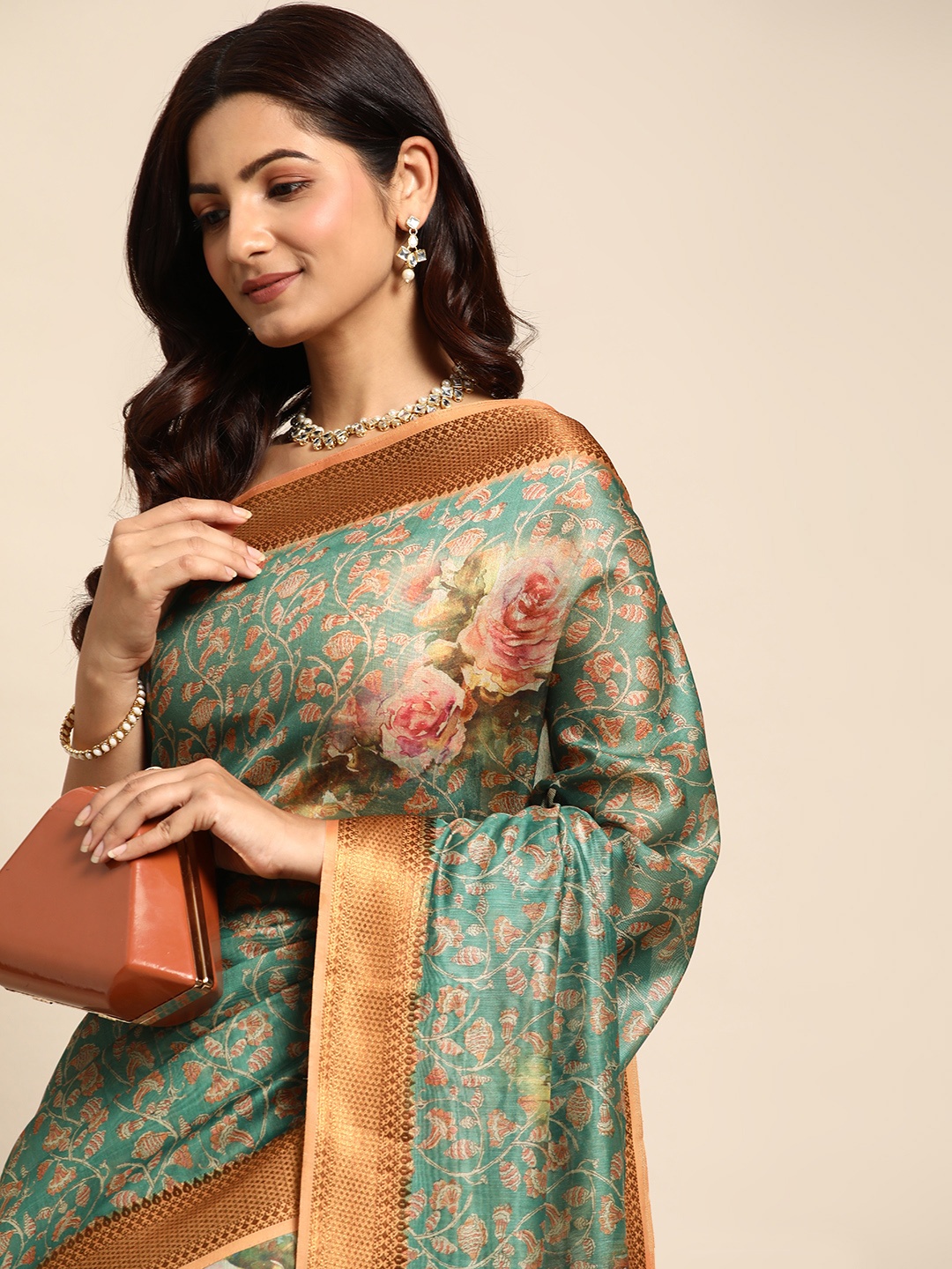 

Mitera Floral Linen Blend Saree, Blue