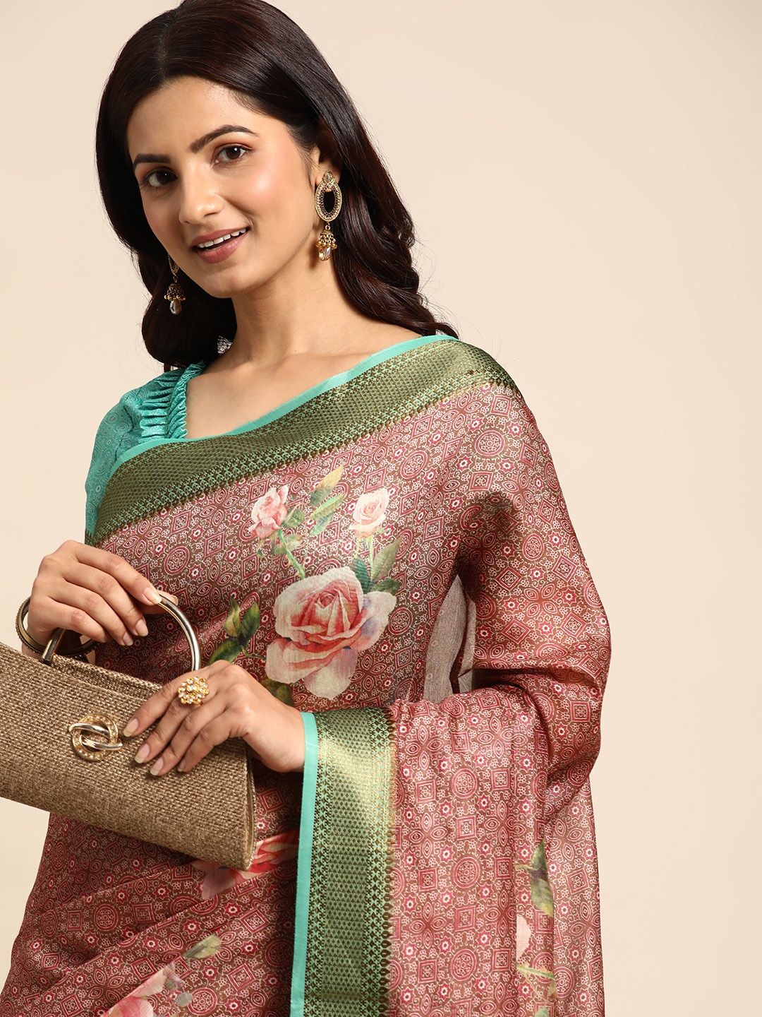 

Mitera Floral Linen Blend Saree, Pink