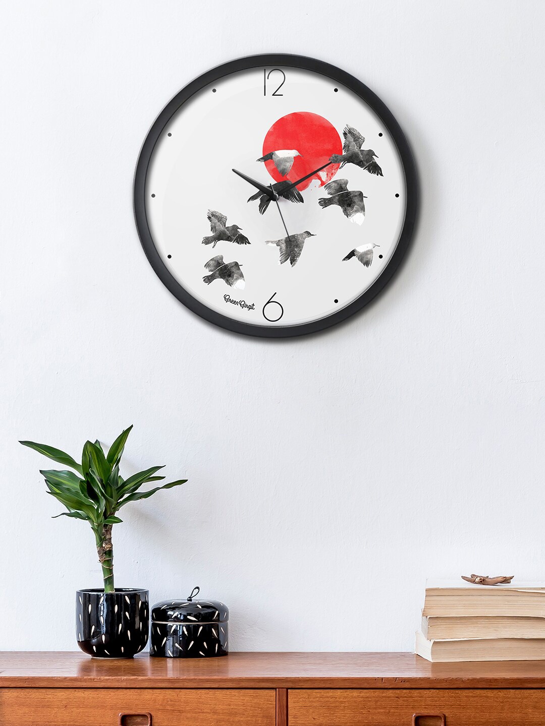

green girgit Grey & Red Flying Birds Printed Contemporary Analogue Wall Clock