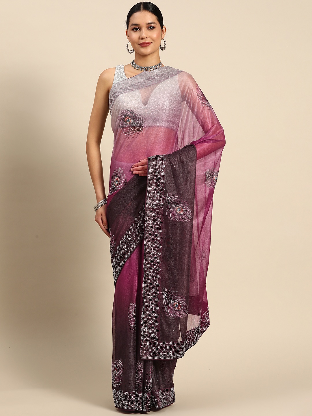 

SAARYA Ethnic Motifs Beads and Stones Net Saree, Pink