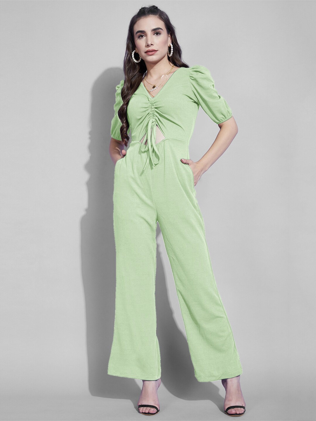 

Selvia Ruched Puff Sleeves Cut-Out Detail Basic Jumpsuit, Sea green