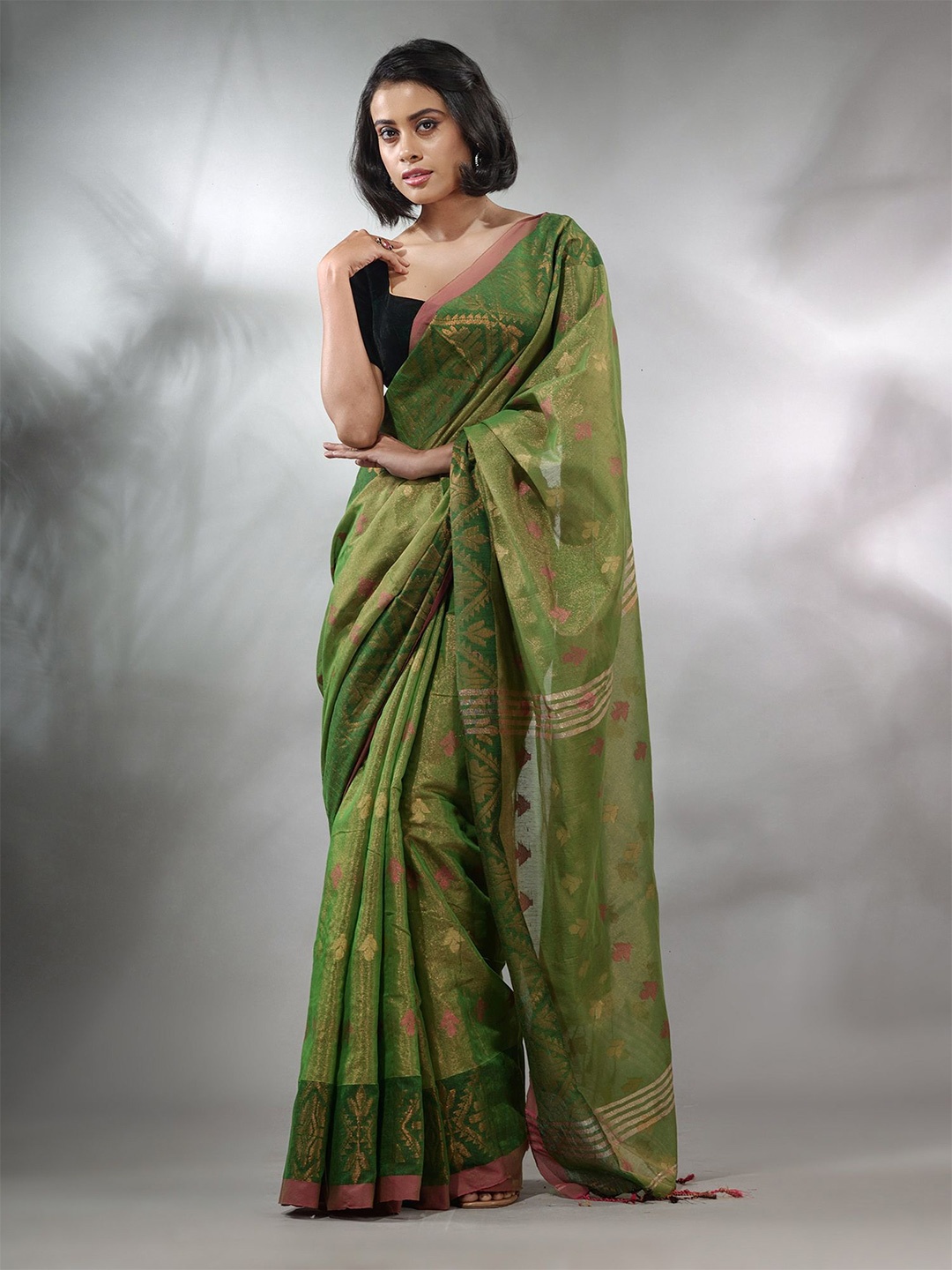 

Charukriti Ethnic Motif Woven Design Zari Tissue Saree, Green