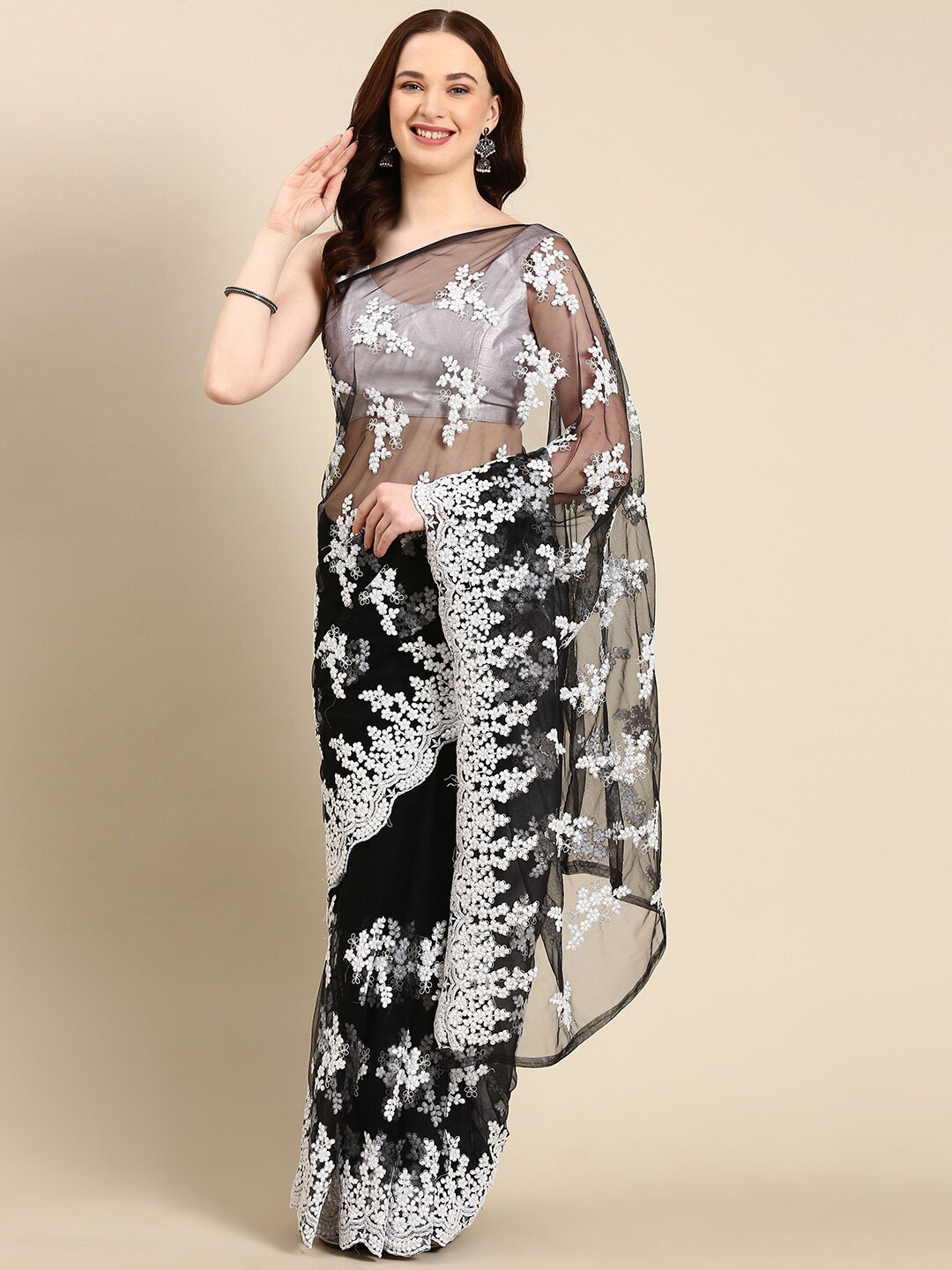 

Anouk Floral Embroidered Net Saree, Black