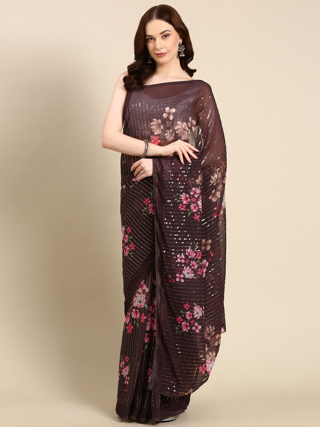

Anouk Floral Printed Sequinned Pure Georgette Saree, Brown