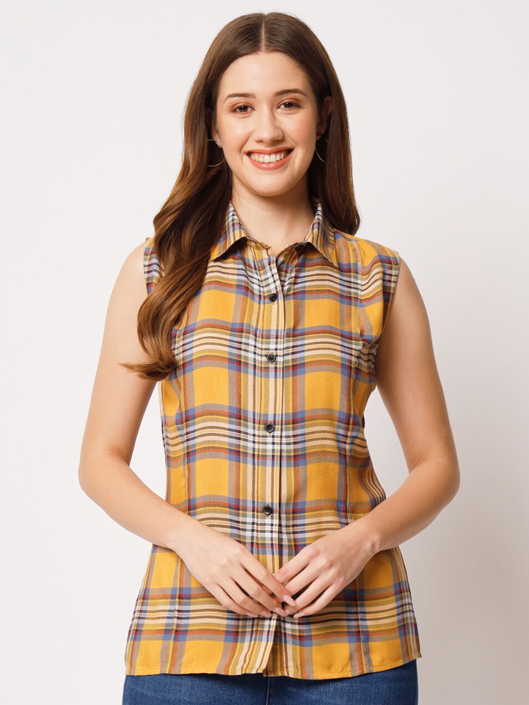 

CHARMGAL Tartan Checked Sleeveless Classic Casual Shirt, Mustard