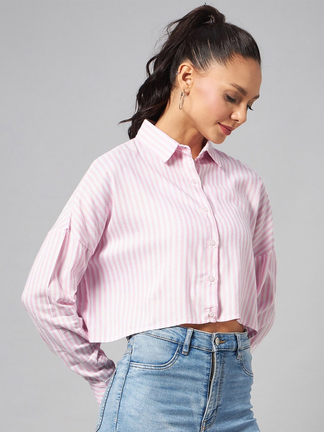 

CHIMPAAANZEE Vertical Striped Drop-Shoulder Sleeves Oversized Crop Shirt, Pink
