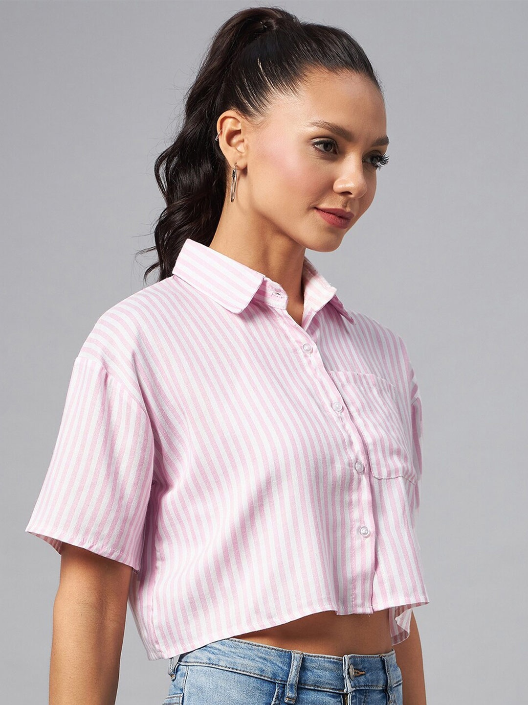 

CHIMPAAANZEE Vertical Striped Drop-Shoulder Sleeves Relaxed Crop Shirt, Pink