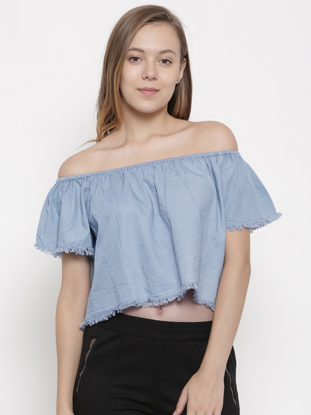 

pink woman Women Blue Solid Bardot Top