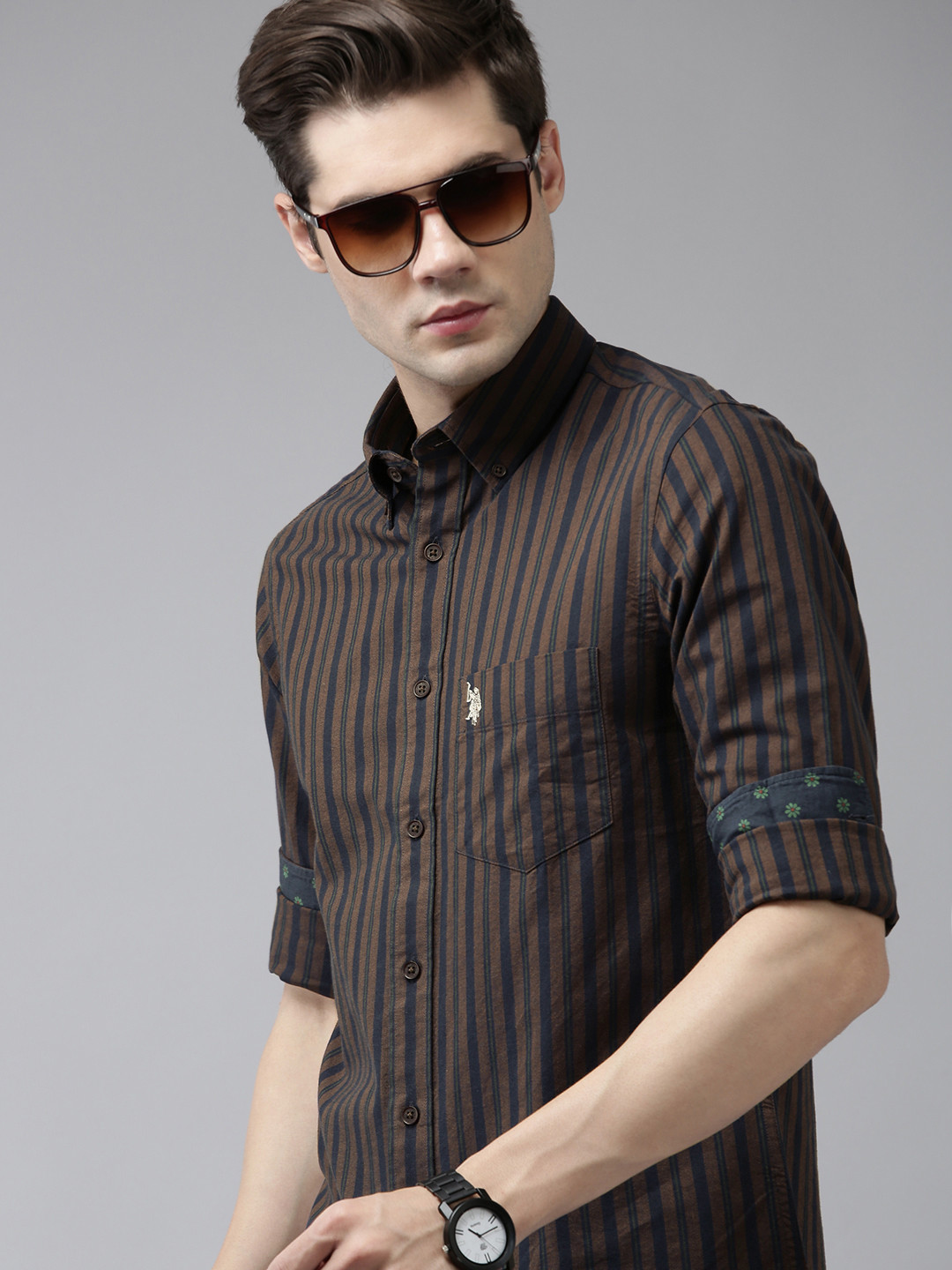 

U S Polo Assn Pure Cotton Striped Casual Shirt, Brown