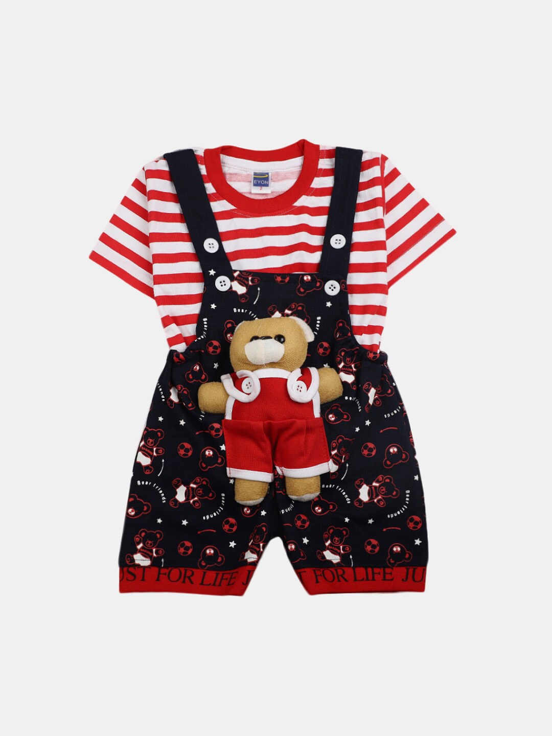 

V-Mart Infants Pure Cotton T-shirt with Dungaree Set, Red