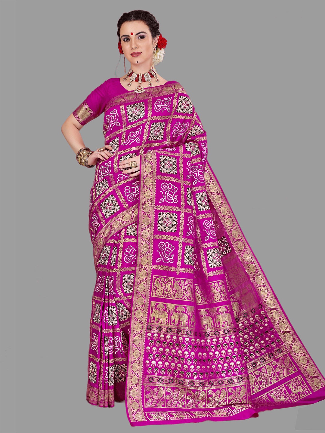 

HASRI Zari Gharchola Bandhani Saree, Pink