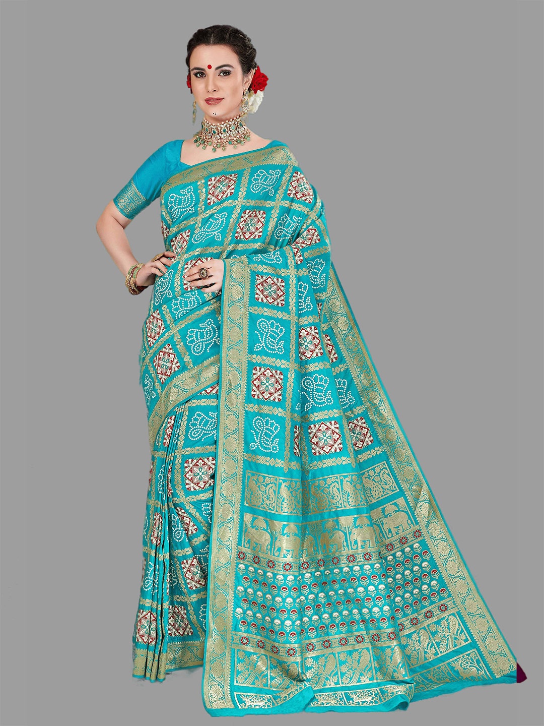 

HASRI Zari Gharchola Bandhani Saree, Turquoise blue