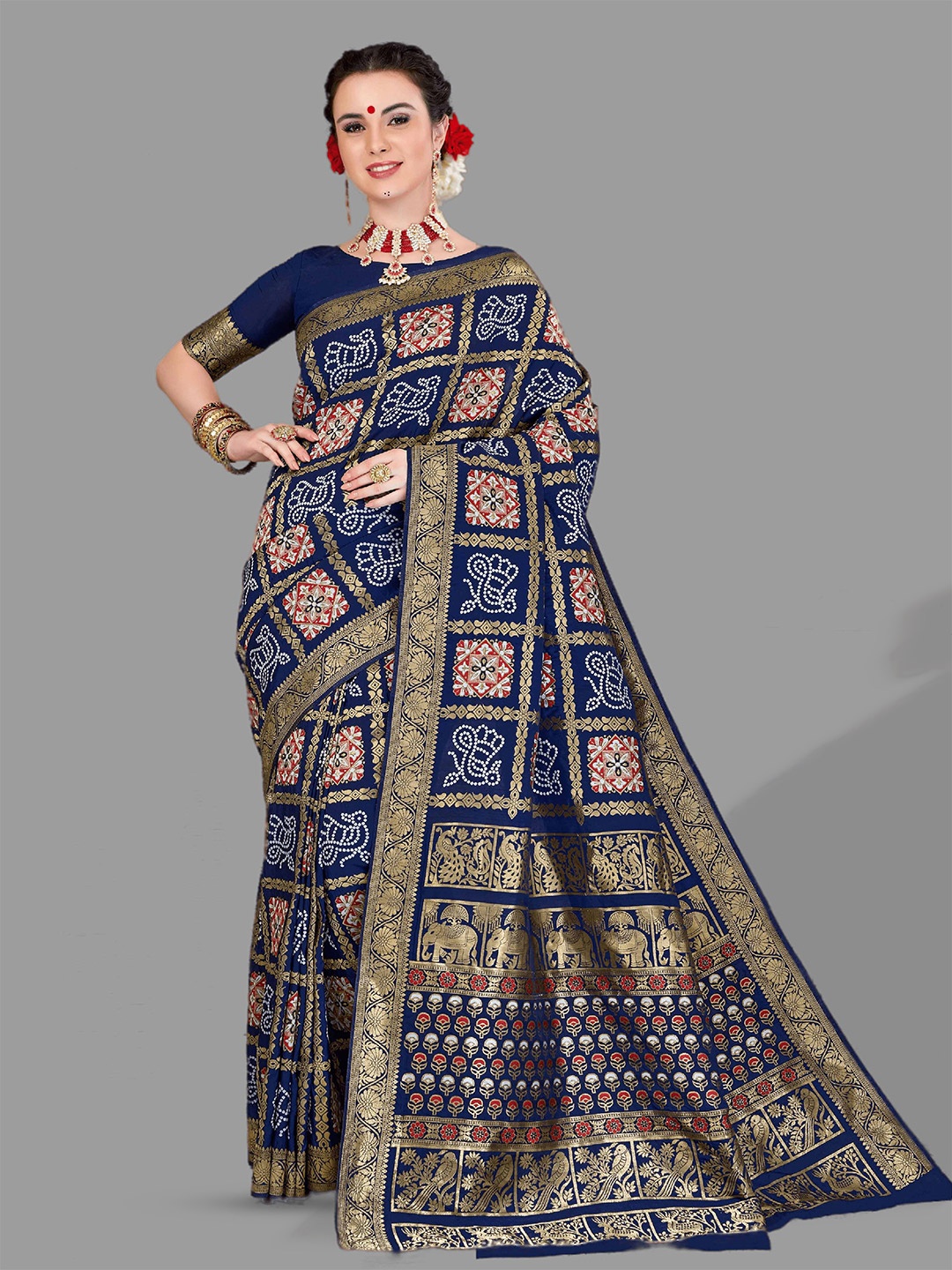 

HASRI Zari Gharchola Bandhani Saree, Navy blue