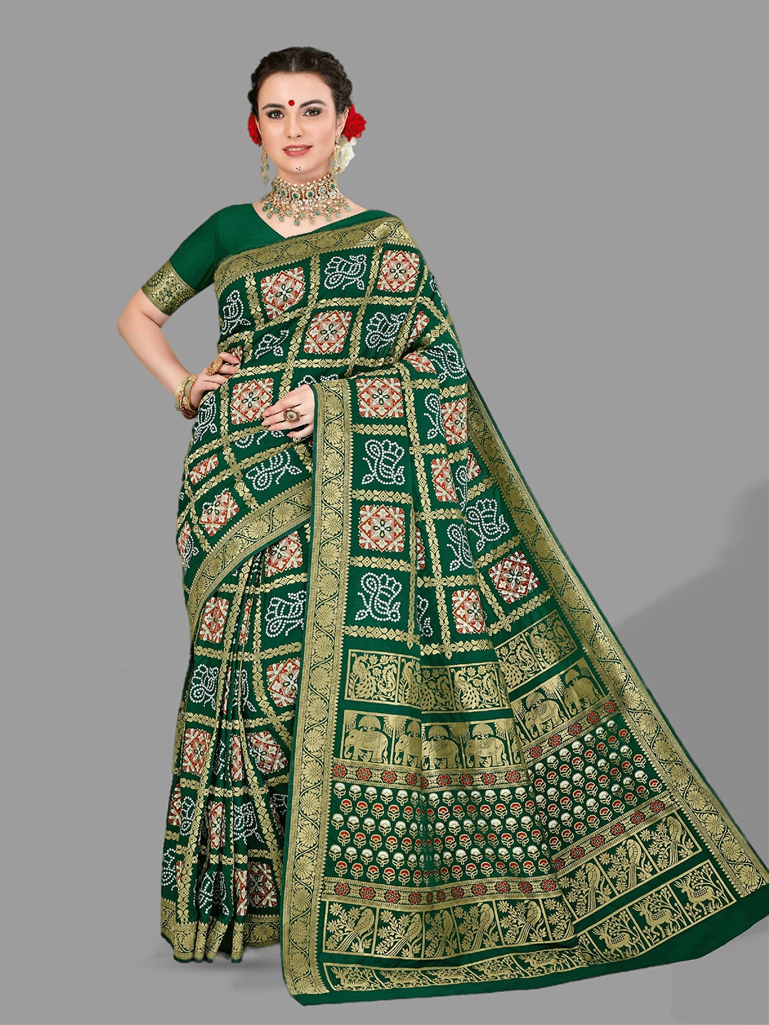 

HASRI Woven Design Zari Art Silk Bandhani Saree, Green