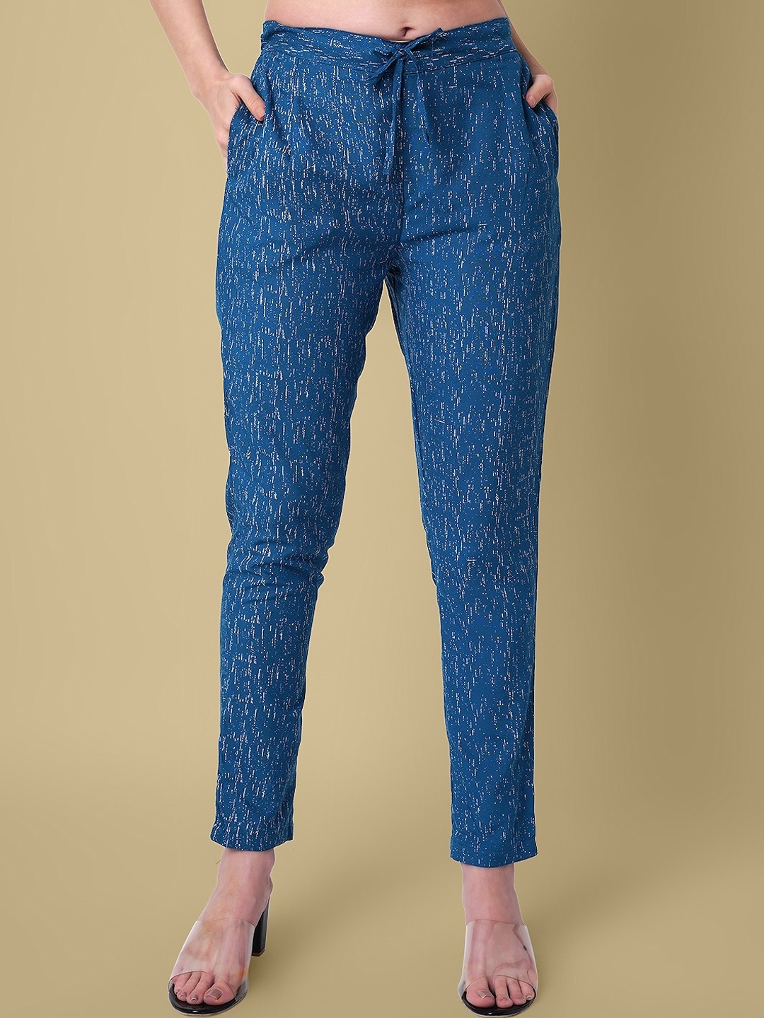 

DAEVISH Women Printed Regular Fit Smart Easy Wash Cigarette Trousers, Blue